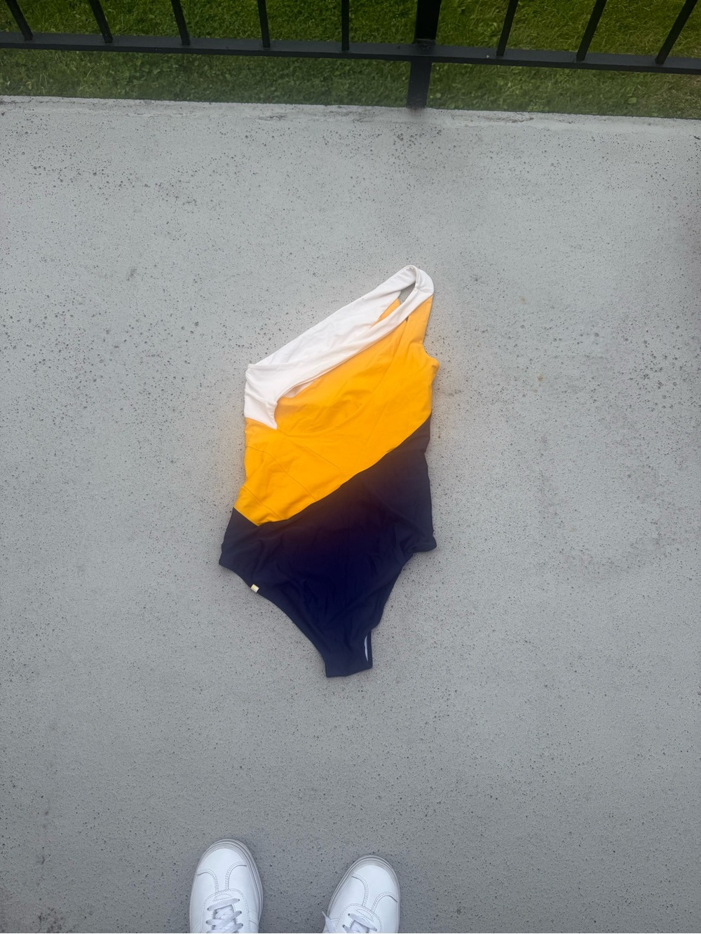 Colorblock One-Shoulder Swimsuit in White, Yellow & Navy - Picture 8 of 8
